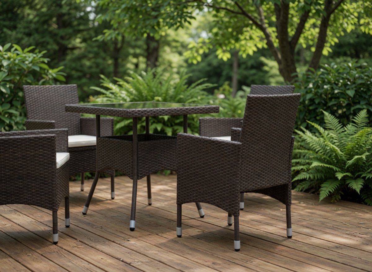 5-Delige Polyrotan Eetgroep Bruin met Crème Kussens – Tuinset 4 Fauteuils + Glazen Tafel 80x80 cm – Tuinmeubelen Outdoor Terras – IndustroHome