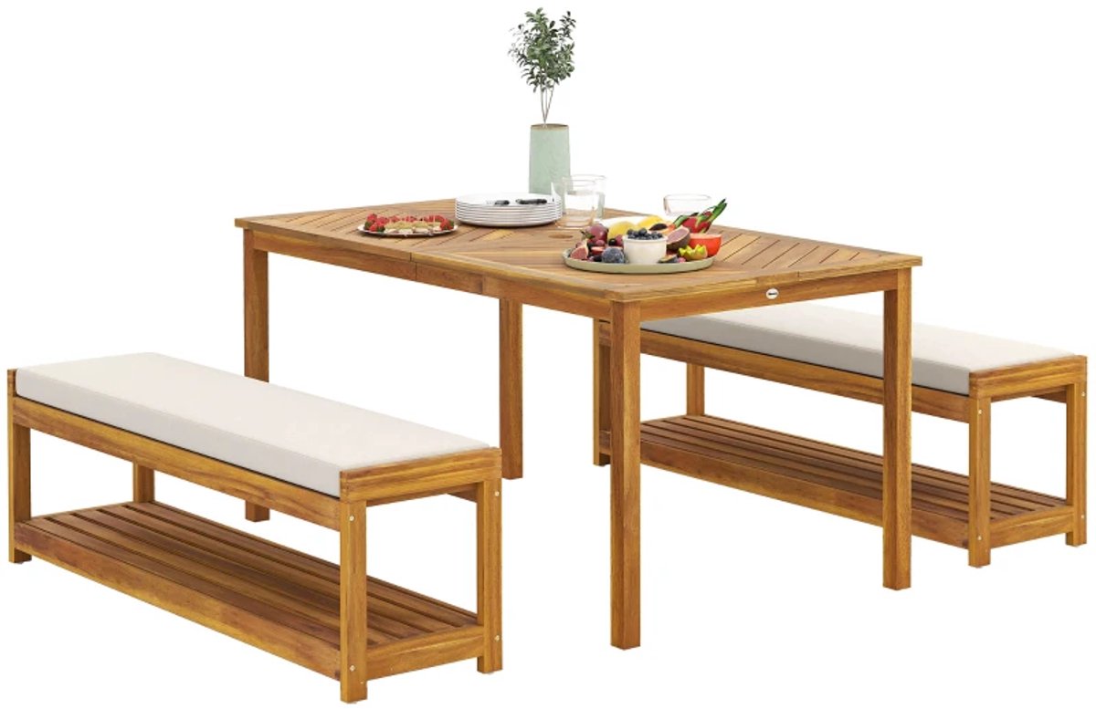 Houten Biertafel met 2 Banken & Parasolgat - 3-delige Biertafelset met Tafel & 2 Bierbanken - Tuintafel - Bierbank - Picknicktafel - Biertentset - Tuinset - voor Terras, Balkon, Tuin, Camping - 150 cm lang - Teakhout