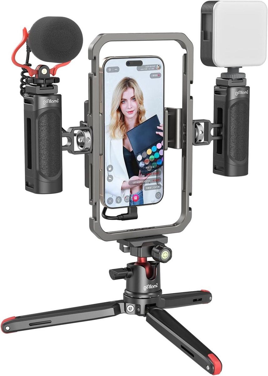 Universele Video Rig Kit voor Smartphones en Camera's, Stabilizer met Tripod, Microfoon en LED Licht voor Vloggen en Live Streaming