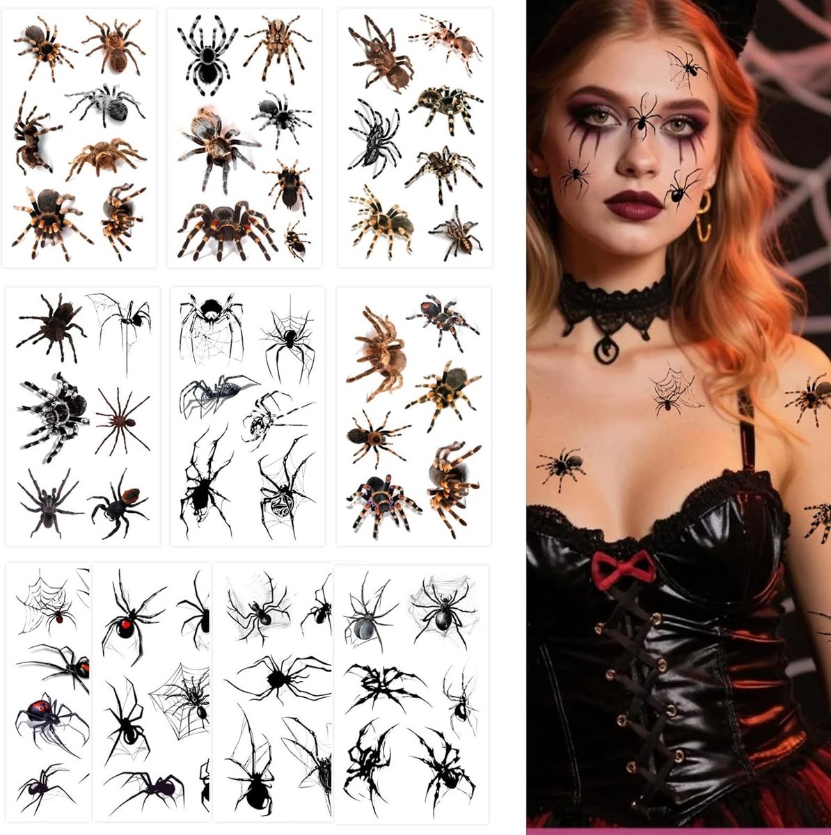 Tijdelijke Halloween Gezichtstatoeages - 10 Vellen Zwarte Spin Tattoos voor Kostuum, Feestdecoratie en Trick or Treat