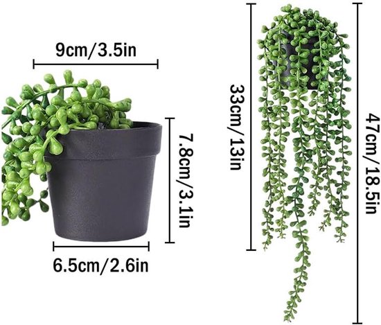 Dimensions d'une plante suspendue artificielle avec pot: largeur 9 cm, hauteur du pot 7.8 cm, longueur de la plante 33 cm.