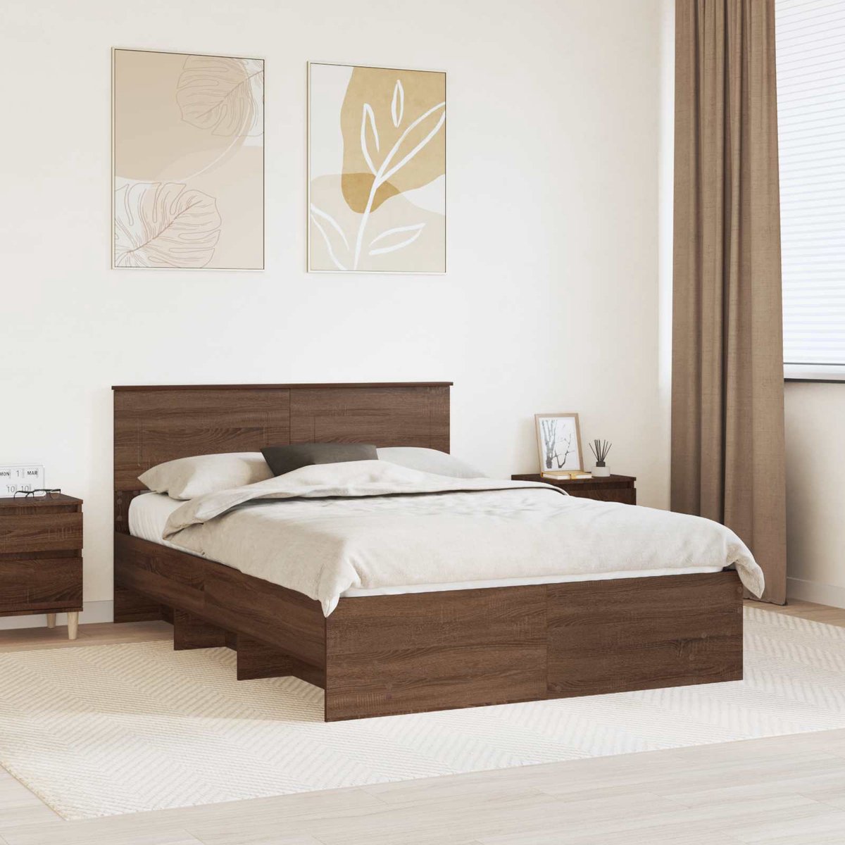 vidaXL Bedframe - met - hoofdeinde - Bruin - Eiken - 150 - x - 200 - cm - Bewerkt - hout Bruin eiken