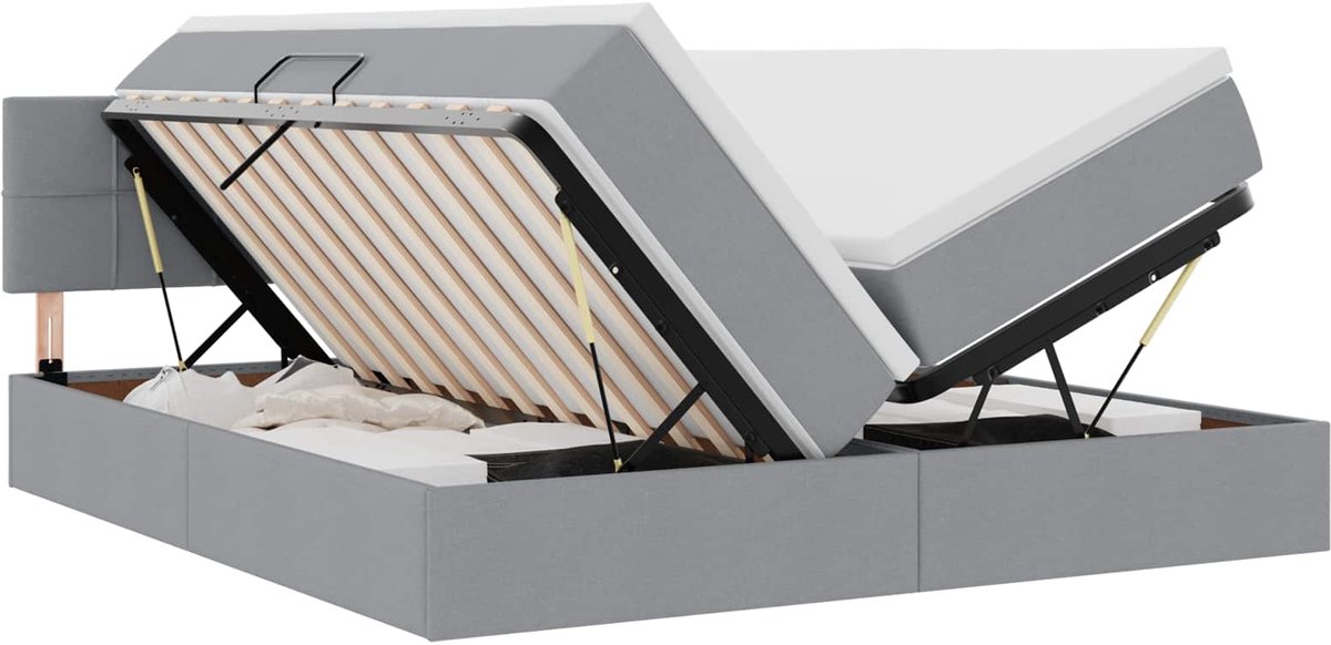 vidaXL LED - opbergbed - met - matras - Lichtgrijs - 200 - x - 200 - cm - Stof