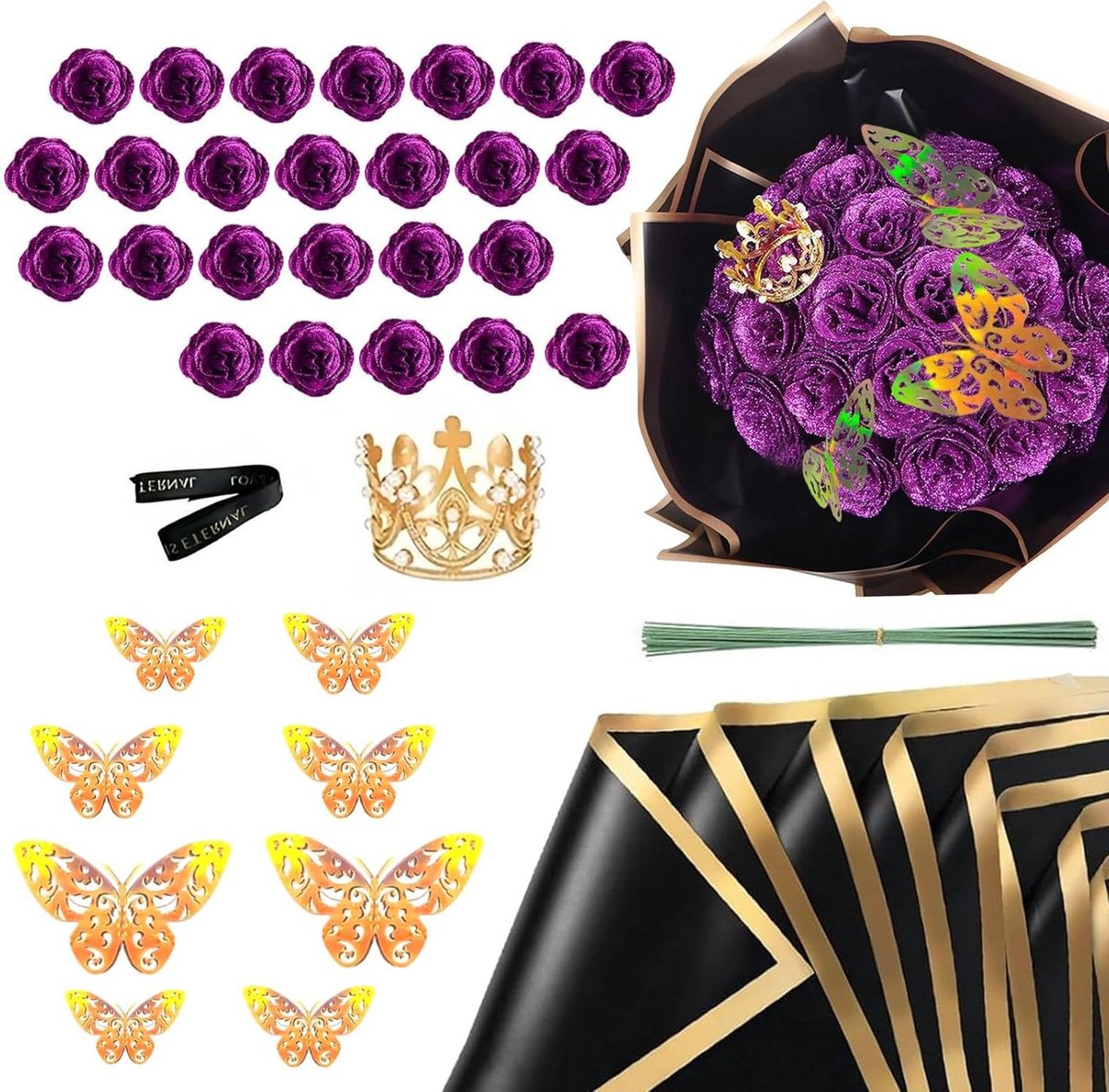 Kunstrozen boeket - Glitter rozen - Boeket maken - Zelfmontage ontwerp - 24 stuks - Paars