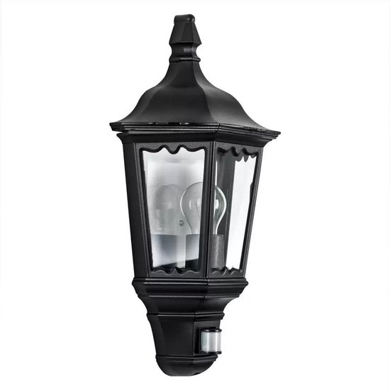 Zwarte klassieke wandlamp met glas en bewegingssensor.