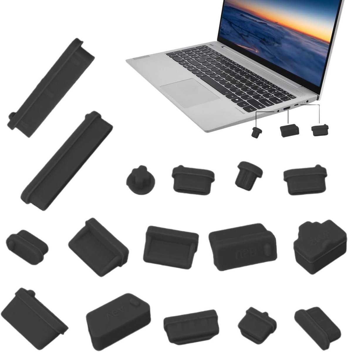Stofplug Set - Poort Covers - Computer Beschermen - Flexibel Ontwerp - 16 stuks - Zwart