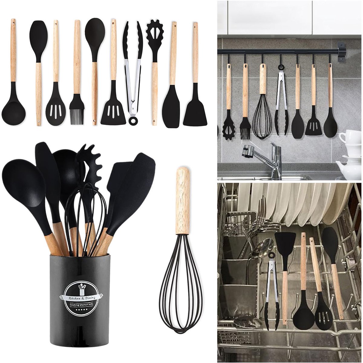 FloraGrace Keukengerei-Sets – 12-Delig Siliconen Kookgerei Set Met Opbergelement, Keukenhulpen Voor Koken En Serveren – Siliconen Materiaal – Zwart