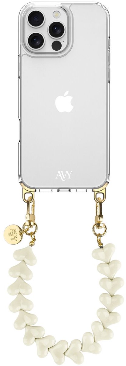 AVY Hoesje geschikt voor Apple iPhone 16 Pro | Compatibel met MagSafe | Clear Case met Telefoonkoord 30CM | Polsband Cupid Beige