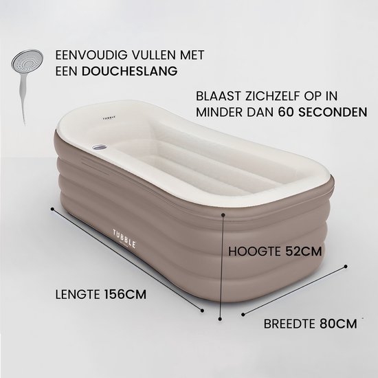 Opblaasbare badkuip van Tubble, met afmetingen 156cm lengte, 80cm breedte, 52cm hoogte.