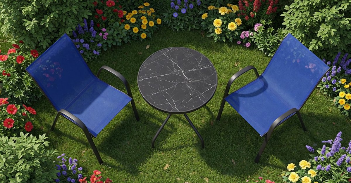 Luxe 3-delige Bistroset Balkonset – Tuinset met 2 Stapelbare Stoelen en Ronde Tafel met Gehard Glas – Weerbestendig, Comfortabel en Ruimtebesparend Tuinmeubilair voor Balkon, Tuin, Terras en Patio - IndustroHome