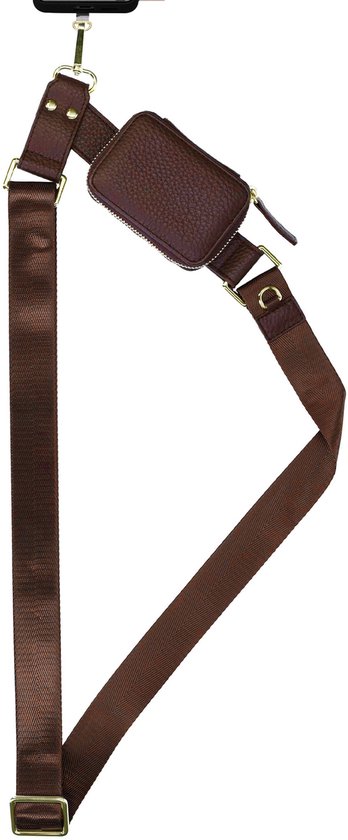 Cordon de téléphone marron foncé avec fermeture éclair, quincaillerie dorée et un étui de téléphone détachable.