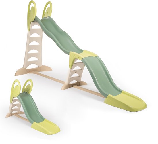 Een groene en beige glijbaan op een witte achtergrond, met een kleinere weergave ernaast.