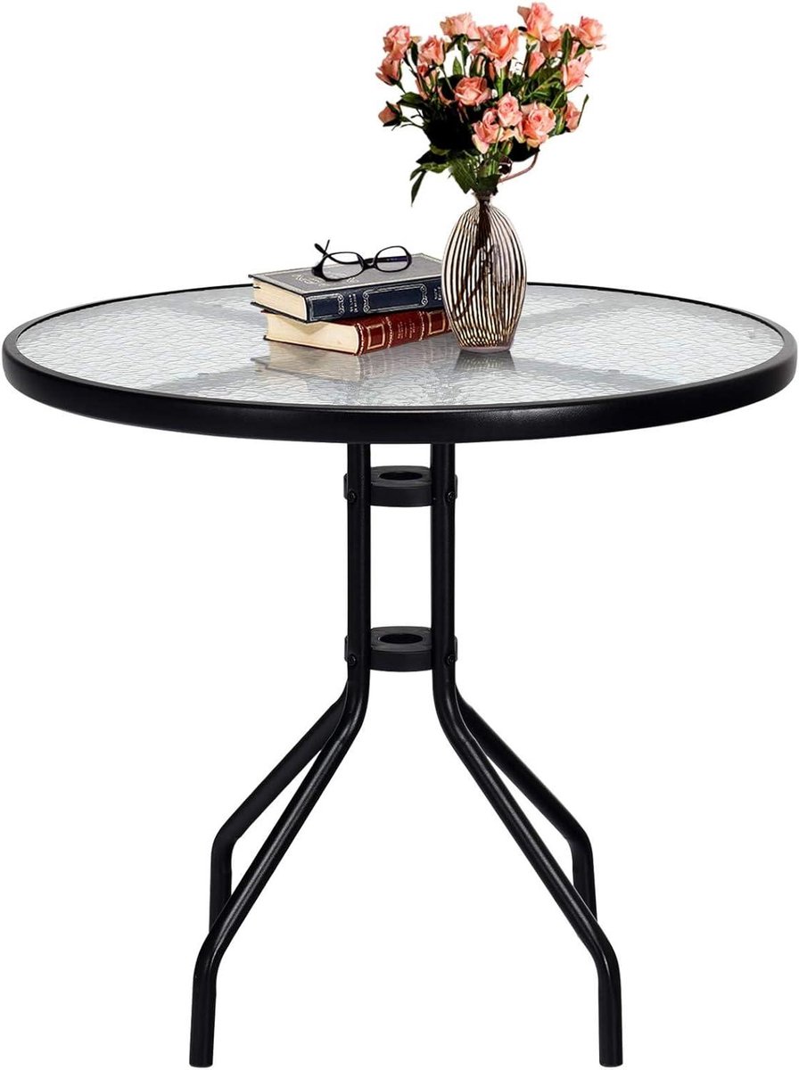 Ronde bijzettafel - Terrastafel Balkontafel - Buiten Zitten - Gehard Glasplaat - 70 cm Diameter - Zwart