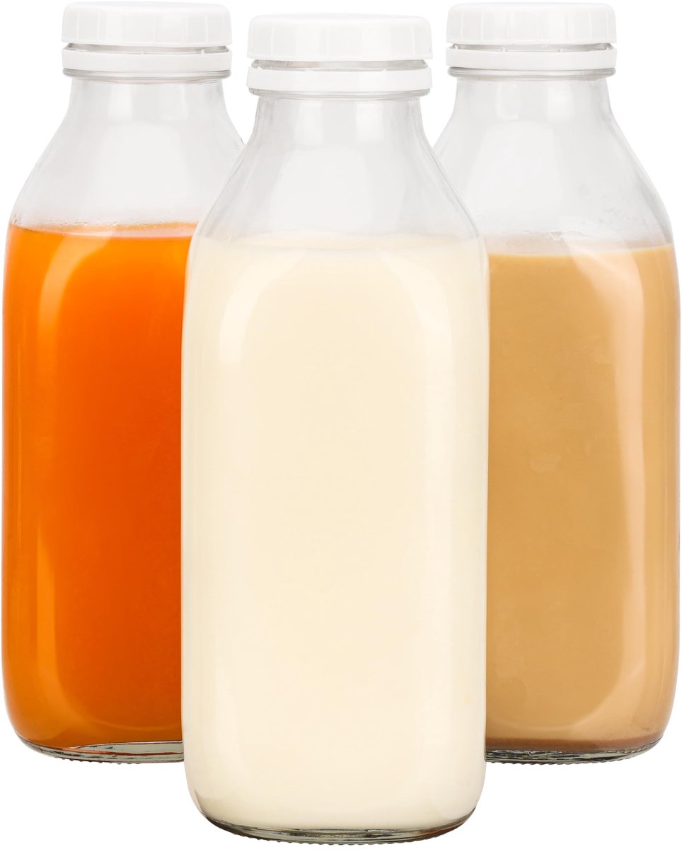 aladdien - Herbruikbare glazen flesjes - Sapflessen - Luchtdichte deksels - Set van 3 - 1 liter - Lekvrij - Voor sap en melk