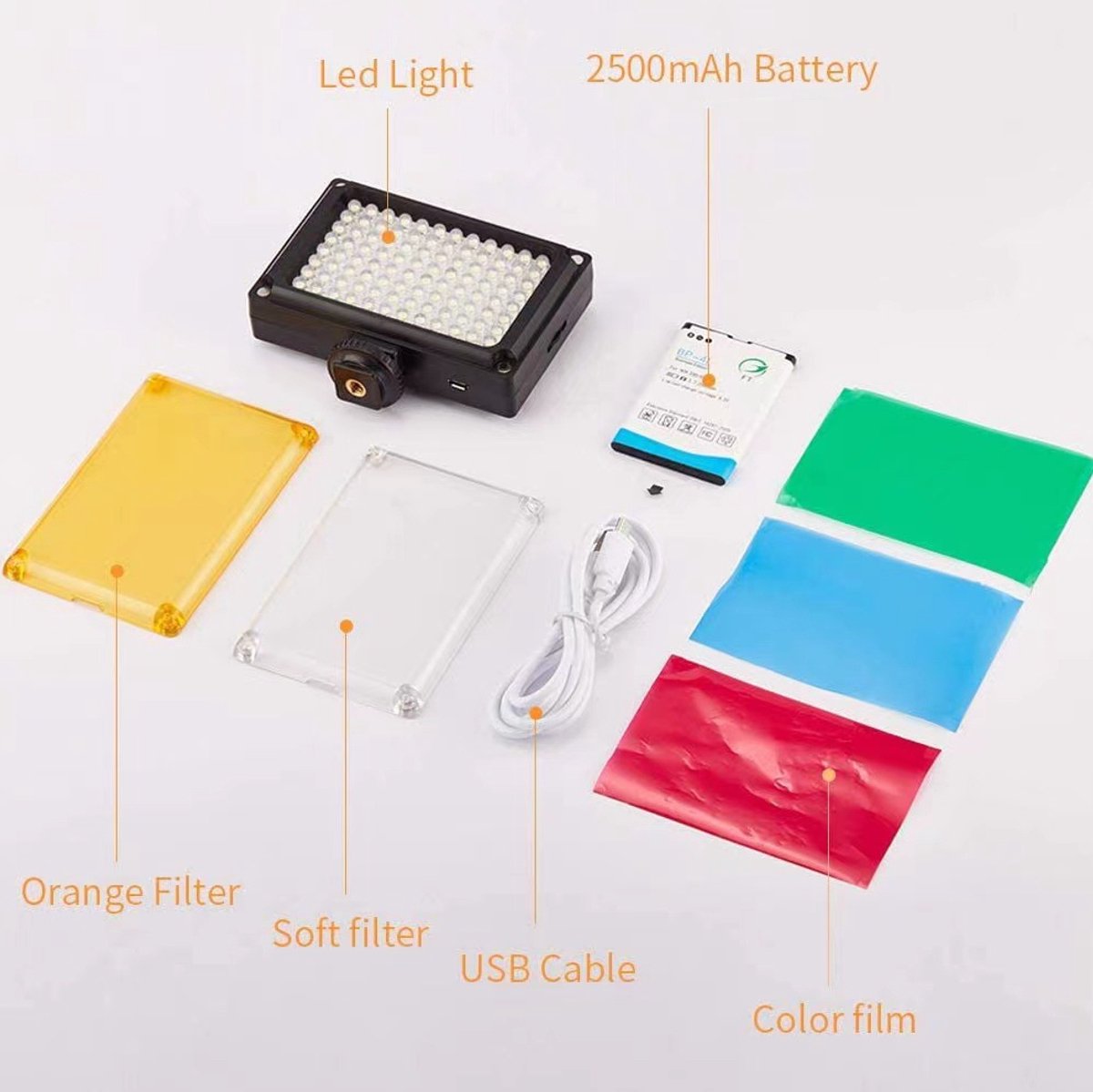 LED-videopaneel, camerverlichting met 96 LED’s, inclusief 5400K/3200K filters en 6 kleurenfolies, traploos verstelbaar cameravullicht met 1/4" schroefdraad, Geschikt voor camera's.