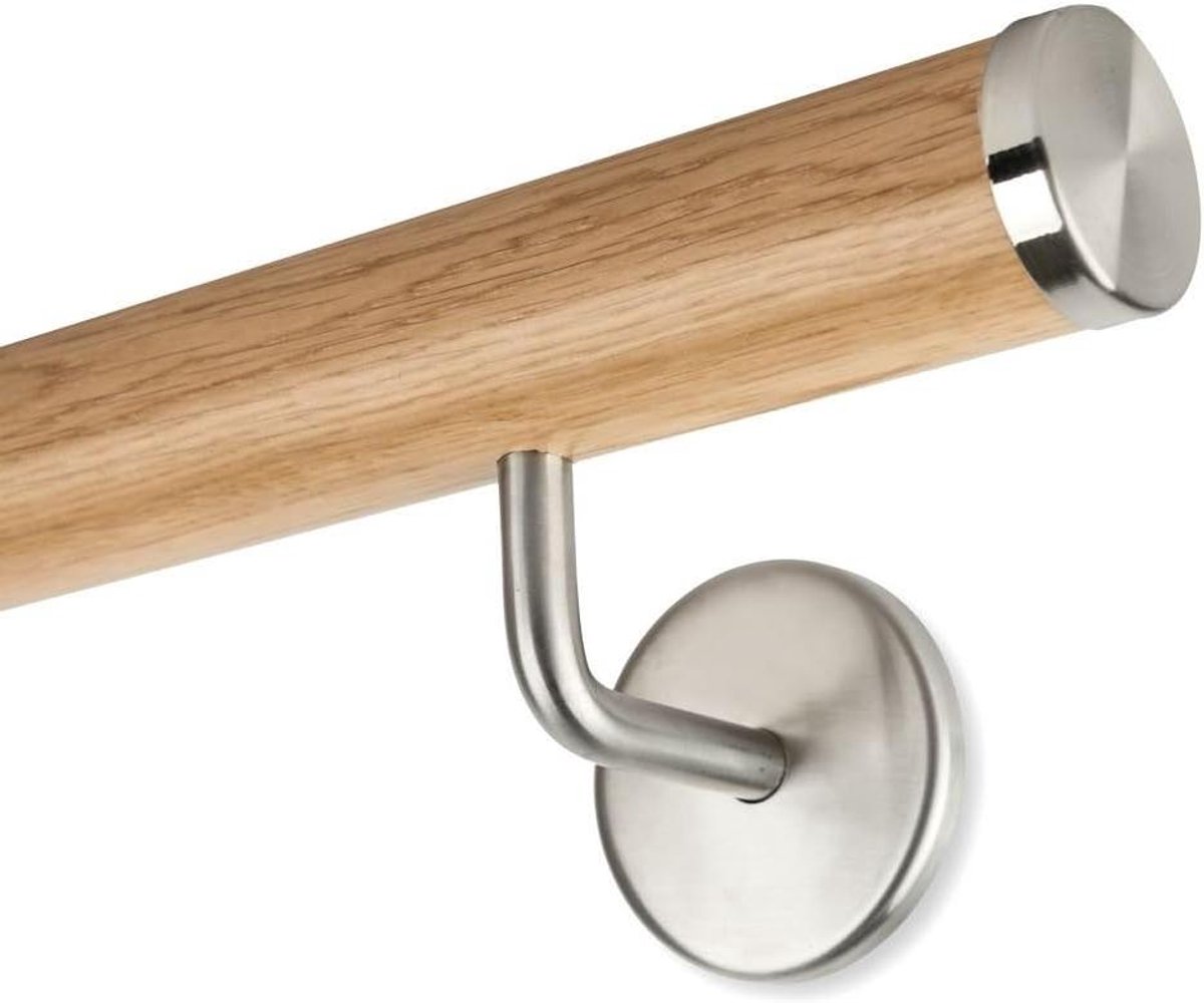 Leuning set hout - Eiken trapleuning - Veilig traplopen - Inclusief houders - 100 cm - Roestvrij staal