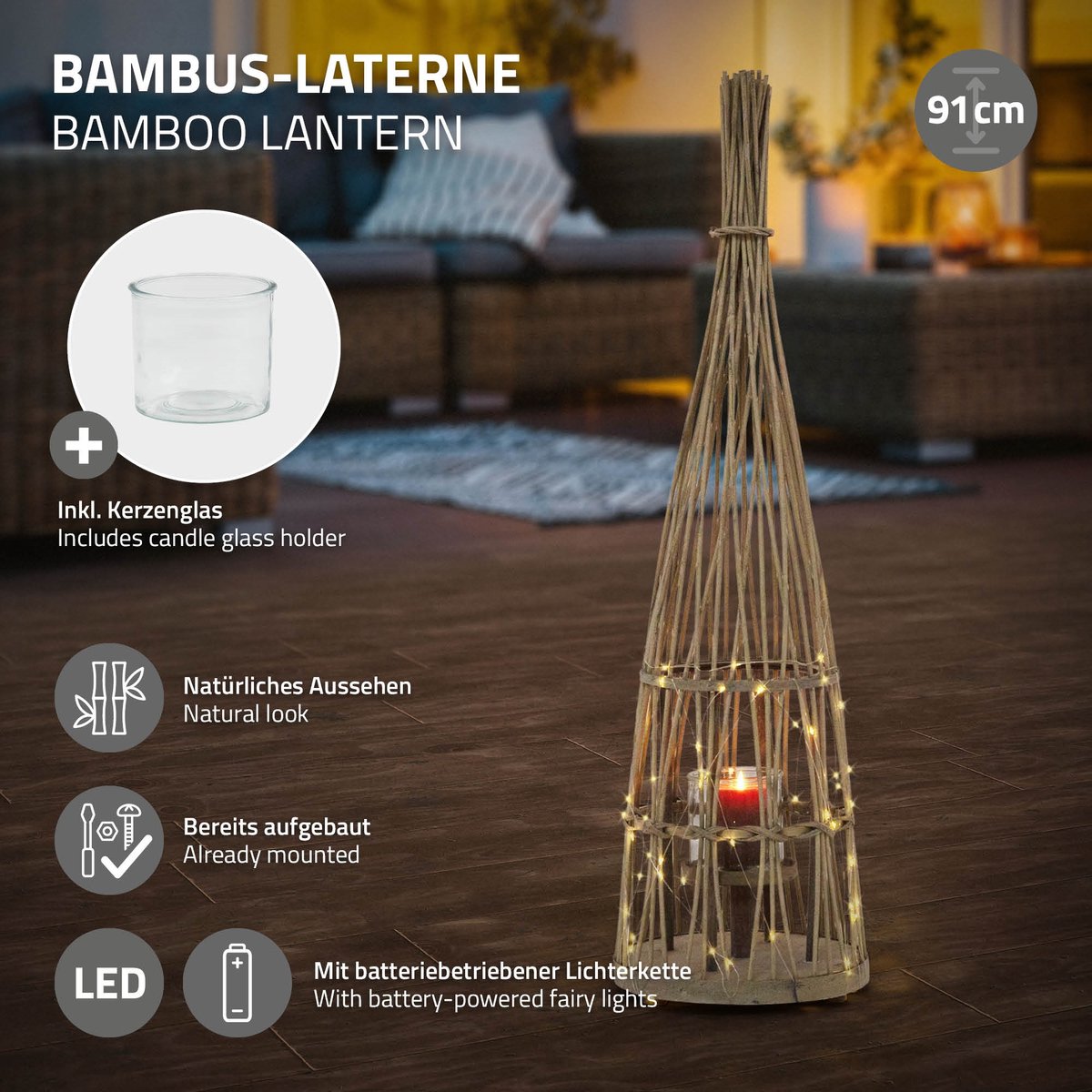 ECD Germany Bamboe lantaarn decoratieve houten windlicht serie grote kaarsenhouder van 91 cm hoog, sfeervolle led lichtketting met glazen inzetstuk luxe boho stijl tuinlantaarn gevlochten look moderne decoratie voor binnen buiten terras en woonkamer — cadeau in Wonen & Interieur - foto 6