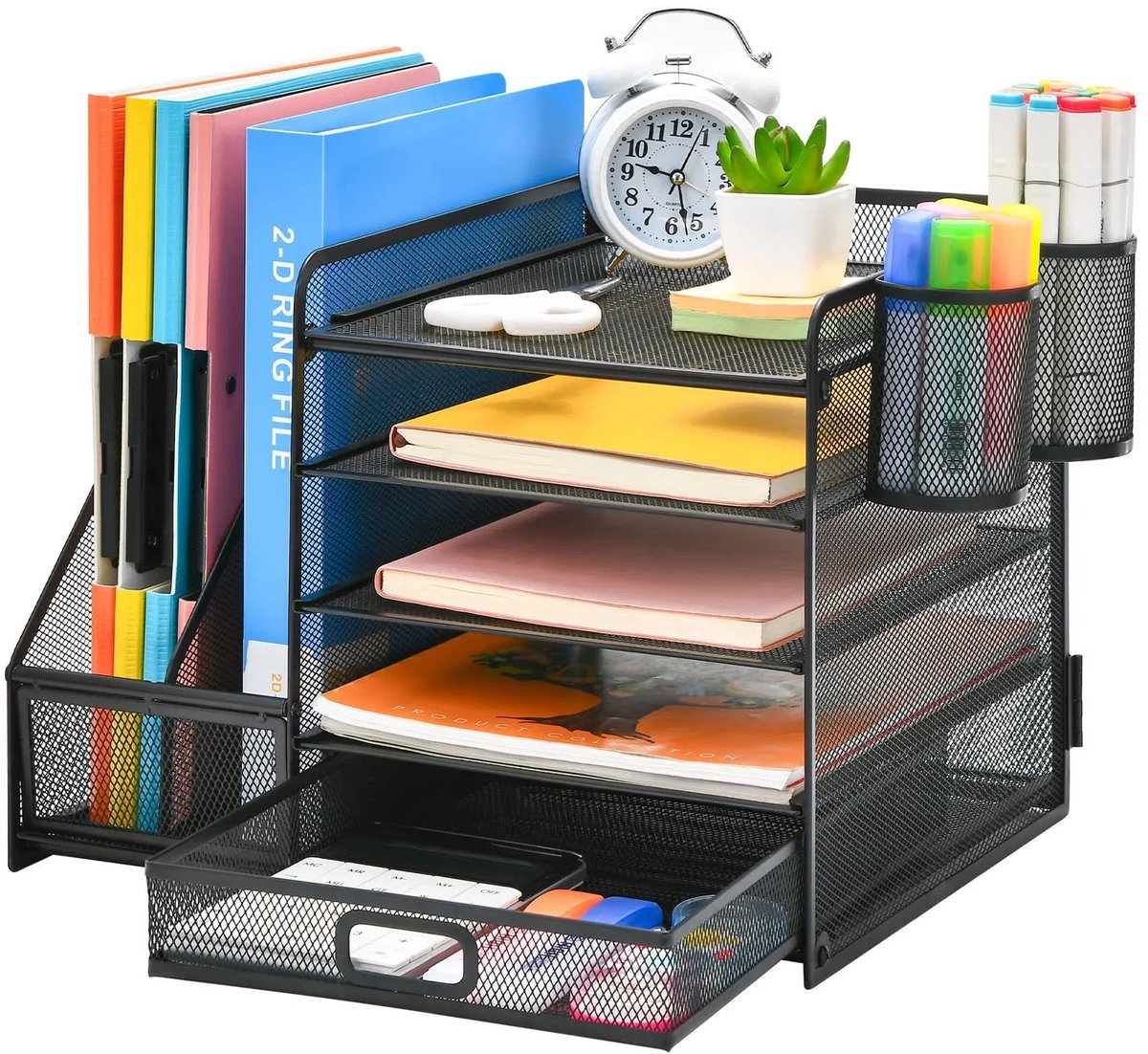 Bureau Organizer - Pennenkoker - 36 × 28 × 30CM - Met Lade - Pennenhouder - Pennenbakje Hout/Fineer - Metaal - Zwart