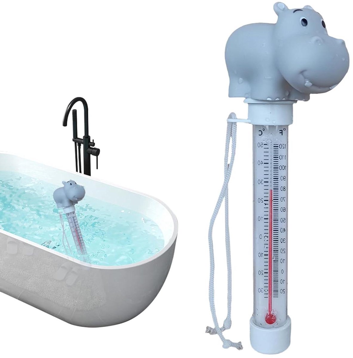 Temperatuurmeter Met Touw - Waterthermometer Drijvend - Zwemwater Meten - Versterkt PVC Frame - 20.4 Centimeter - Nijlpaard