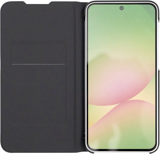 Zwarte telefoonhoes met open klep, toont telefoon met abstracte achtergrond op scherm.