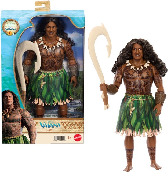 Maui actiefiguur in verpakking, met een afbeelding van Dwayne Johnson ernaast.