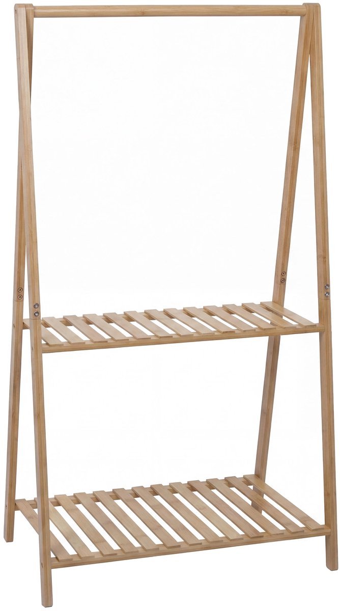 MCW Bamboe kapstok MCW-Q32, kapstok, kledingrek, schoenenrek, met stang en 2 planken, 130x70x44 cm ~ naturel