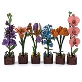 Zes houten 3D puzzelbloemen, waaronder paarse bloemen, lelie, iris, blauwe bloemen, oranje tulpen en roze orchideeën.