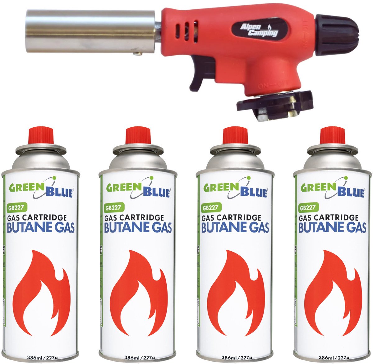 Alpen Camping - Butaan gasbrander - Gasbrander met 4 Gasfles - Gaspatroon van 227 g. Certificaat: Pi 0875, voldoet aan de norm EN 417