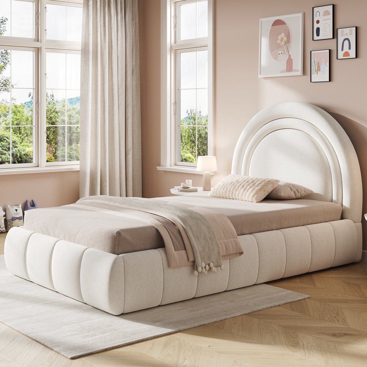REDOM Eenpersoonsbed - Gestoffeerd Bed Met Opbergruimte En Lattenbodem - Kinderkamer - Fluweel - Beige - 90 X 200 Cm