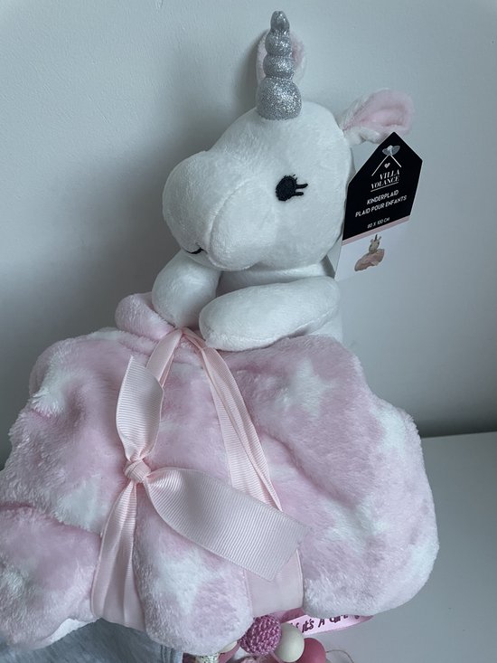 Luiertaart | Meisjes | Unicorn | Handgemaakte bijtring | Knuffel met deken | Slabbetje | Pampers luiers | Kraamcadeau | Babyshower | Maminobaby.nl | — afbeelding 5