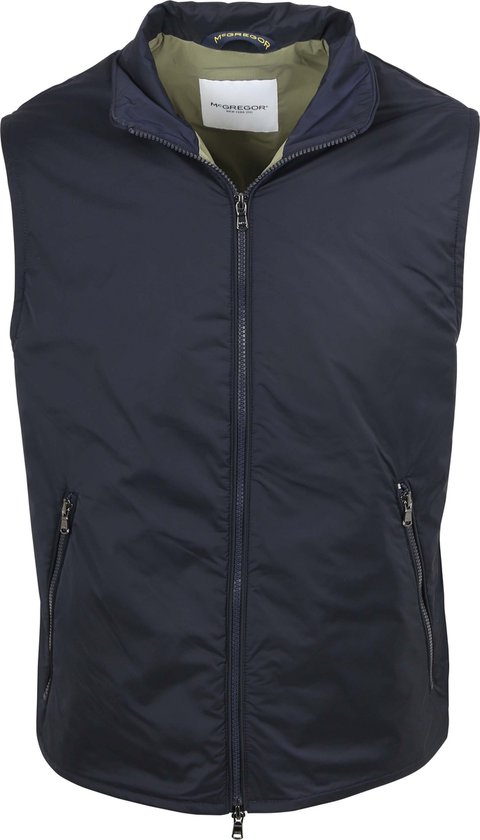 Donkerblauwe bodywarmer van McGregor met ritssluiting en twee zakken met rits. De binnenkant is olijfgroen.