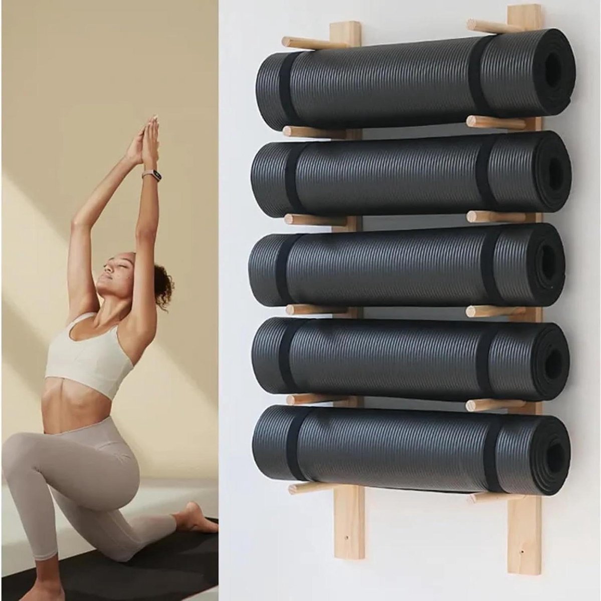 Houten Mat Houder - Opbergrek Gym - Sportspullen Organiseren - Stevige Houten Constructie - 9 Lagen - Houtkleur