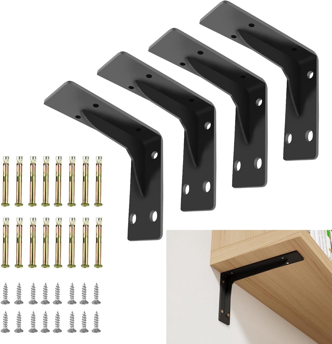 Zware metalen hoeksteunen voor planken - 4 stuks, 5 mm dik, wandbevestiging voor stevige planken, ideaal voor opslag en decoratie