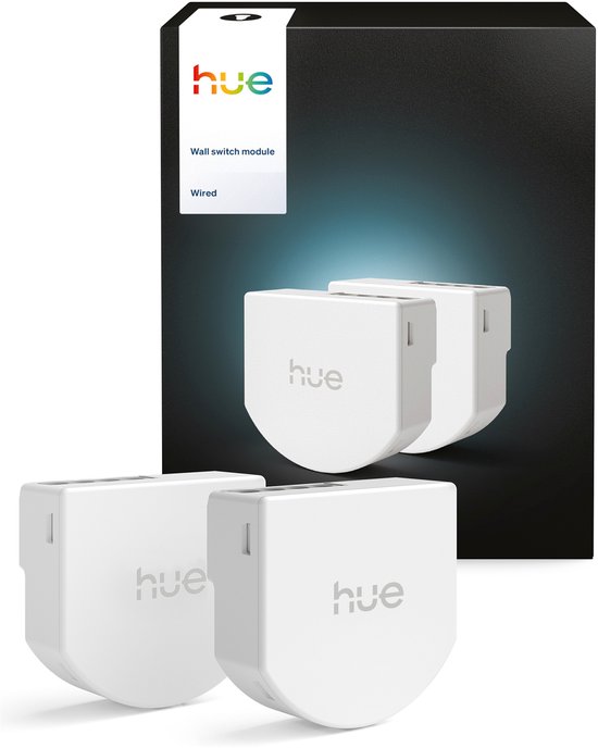 Twee witte Philips Hue wandschakelaarmodules in de verpakking.