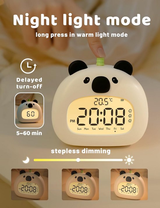 IHALO Leuke kinderwekker, nachtwekker met panda-nachtlampje, digitaal led-display, 3,15 inch, drie alarmen, weekendmodus, datum, tijd, temperatuur, oplaadbaar, decoratie voor babykamer — afbeelding 4