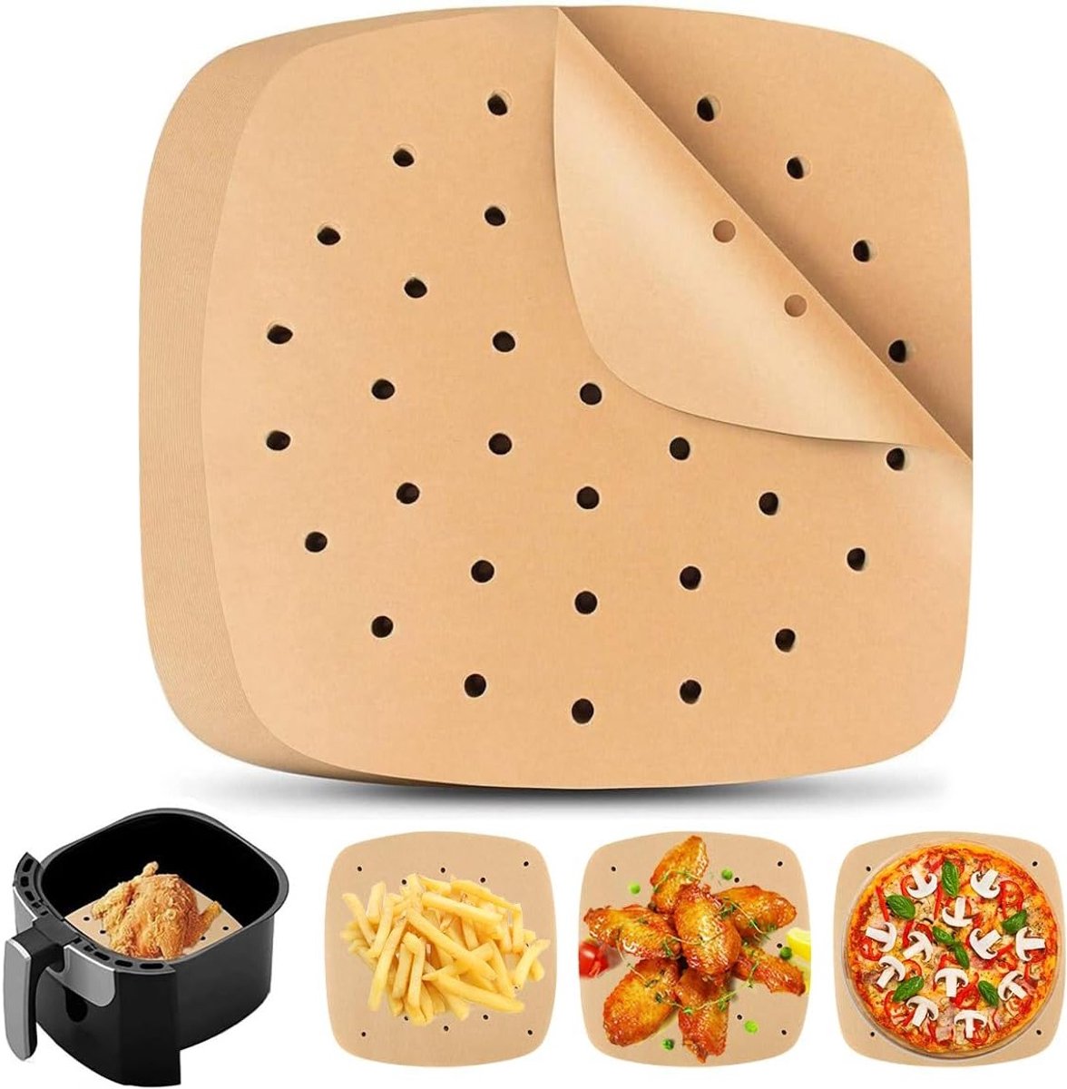 Perforated Bakpapier voor Airfryer - 200 Stuks, 20.5x20.5cm, Geschikt voor Gezond Koken, Niet Plakkerig en Ideaal voor Bakken