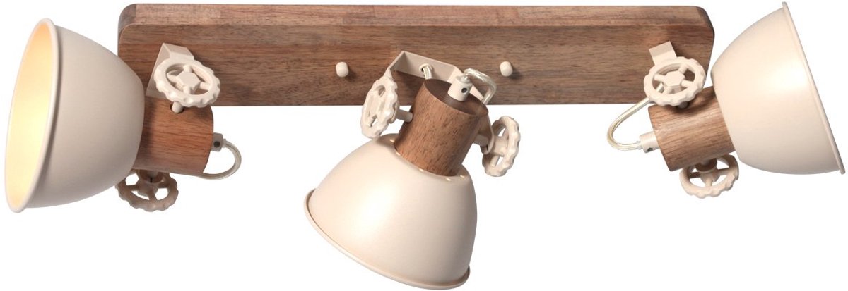 Mexlite Gearwood 2133CR – Crème 3-lichts draaibare en kantelbare plafondlamp van hout en metaal, 15 cm diameter, 23 cm hoogte voor binnengebruik