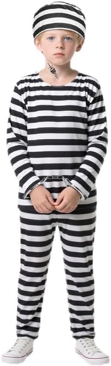 Kinderen Gevangenis Kostuum 5-delig Zwart-Wit Gestreepte Outfit voor Feestjes, Verkleedpartijen en Halloween