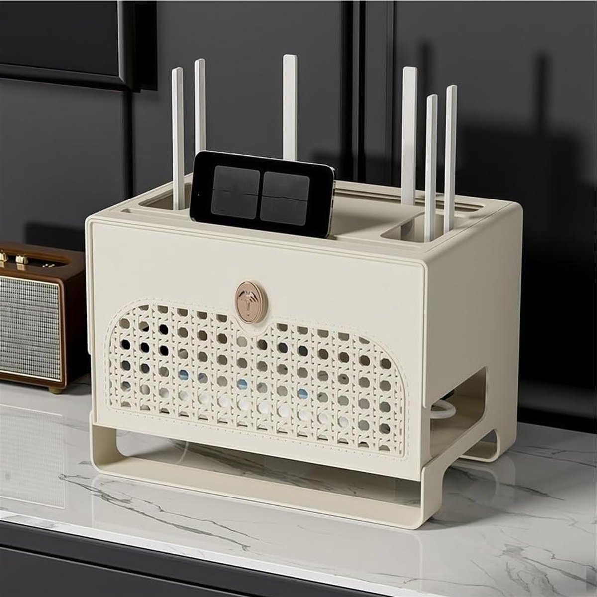 Opbergkast Router - Modem Kast - Wifi Signaal - Warmteafvoer Ontwerp - 31x21x23cm - Wit