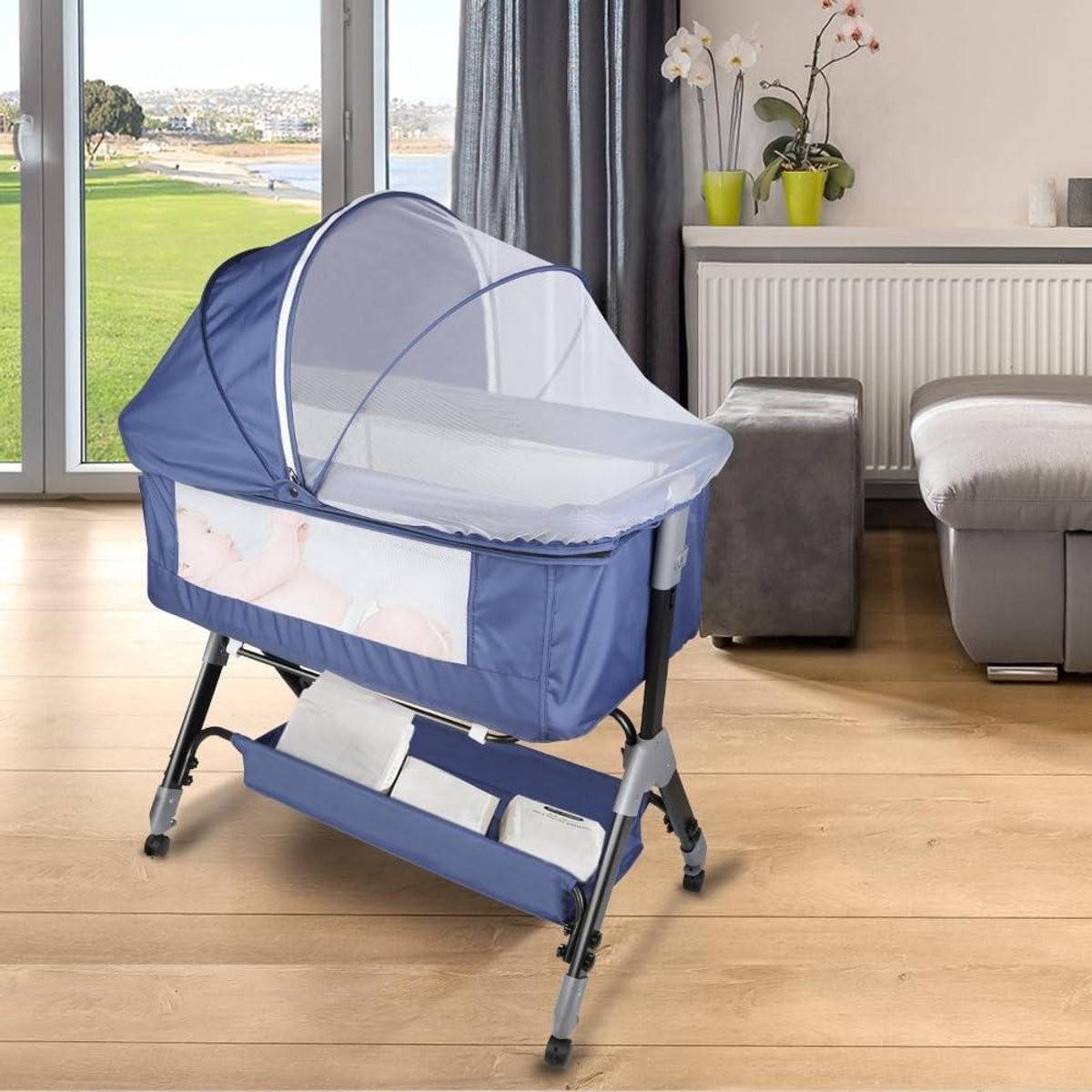 Baby Bed - Bijzetbed Wieg - Veilig Slapen - Verstelbare Hoogte - 104x52 cm - Donkerblauw