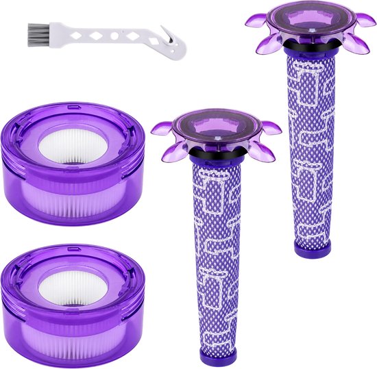 Paarse filtercilinder met wit patroon en paarse deksel met filter, samen met een reinigingsborstel.