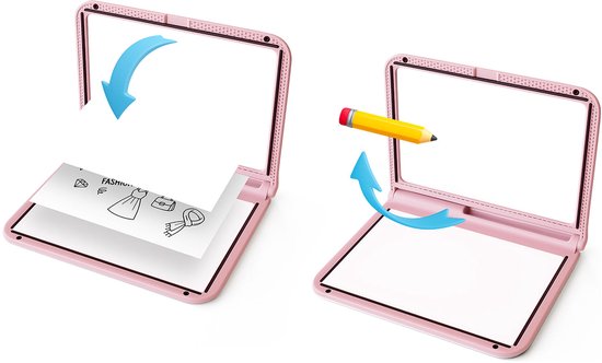 Roze lichttablet opengeklapt met tekeningen van mode, een potlood.