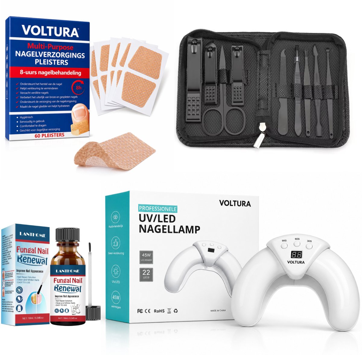 Voltura 4-in-1 Nagelschimmel Behandeling Set – UV/LED Nagellamp met Nageldruppels, Pedicureset & 60 Pleisters – Verzorging van Kalknagels en Schimmelnagels – Voor Handen & Voeten