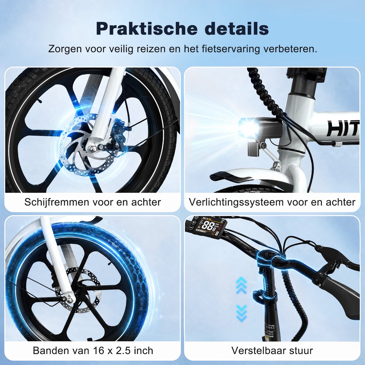 Hitway Elektrische Fiets BK35S - Trendy 16 Inch City Commuter EBike met Afneembare 36V 9Ah Lithium Batterij - Opvouwbaar E-Bike met 250W Motor - APP Bediening – foto 7