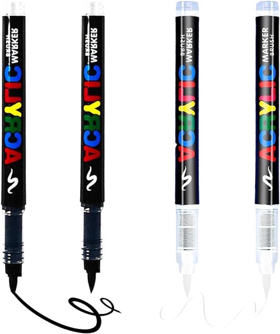 Set van 4 permanente textielmarkers in zwart en wit, ideaal voor textielverf, hout, glas, keramiek en canvas. Perfect voor creatieve projecten.