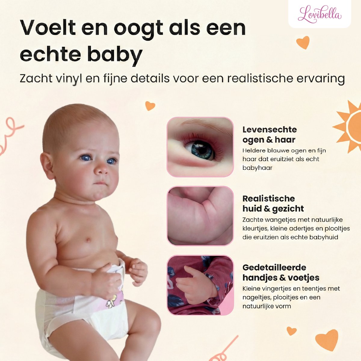 Lovibella® Nora Reborn Baby Pop Meisje - Levensechte Babypoppen - Dementie poppen - 45 cm - Complete Accessoires Set - Realistische Poppen - Zoals Echt - Zacht Vinyl - Doll Speelgoed 3 Jaar — afbeelding 3
