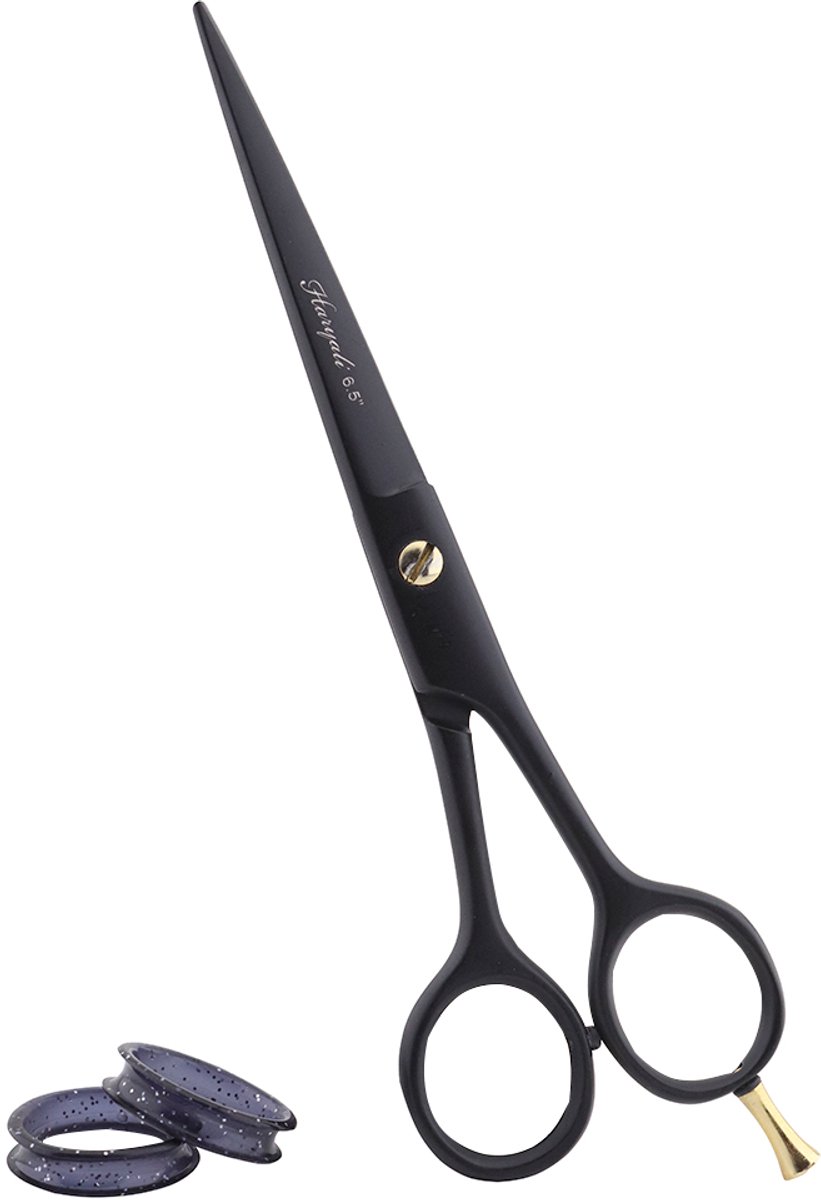 Haryali London, 6,5 inch haarschaar – Professionele haarschaar met vingersteun, roestvrijstalen haarschaar met rubberen inzetstukken, matzwarte haarschaar voor het trimmen van baard en snor.