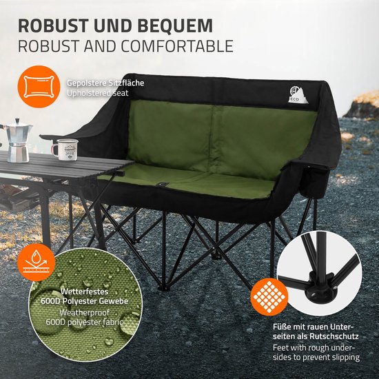 Opvouwbare campingstoel voor 2 personen tot 200 kg Khaki met bekerhouder en draagtas, dubbele opvouwbare stoel — afbeelding 5