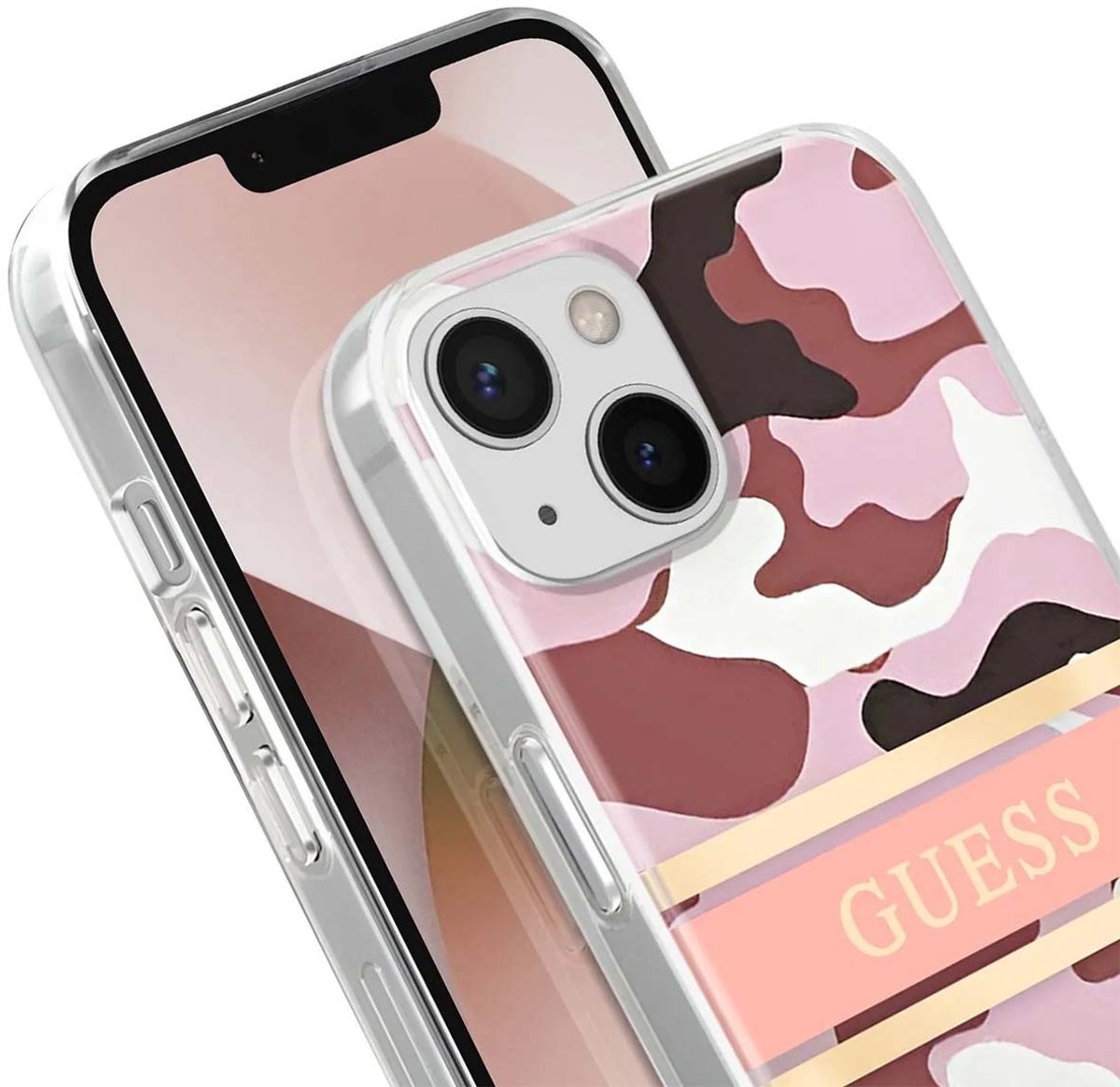 GUESS, Camo hoesje Geschikt voor Apple iPhone 13 Mini met nylon riem, Roze