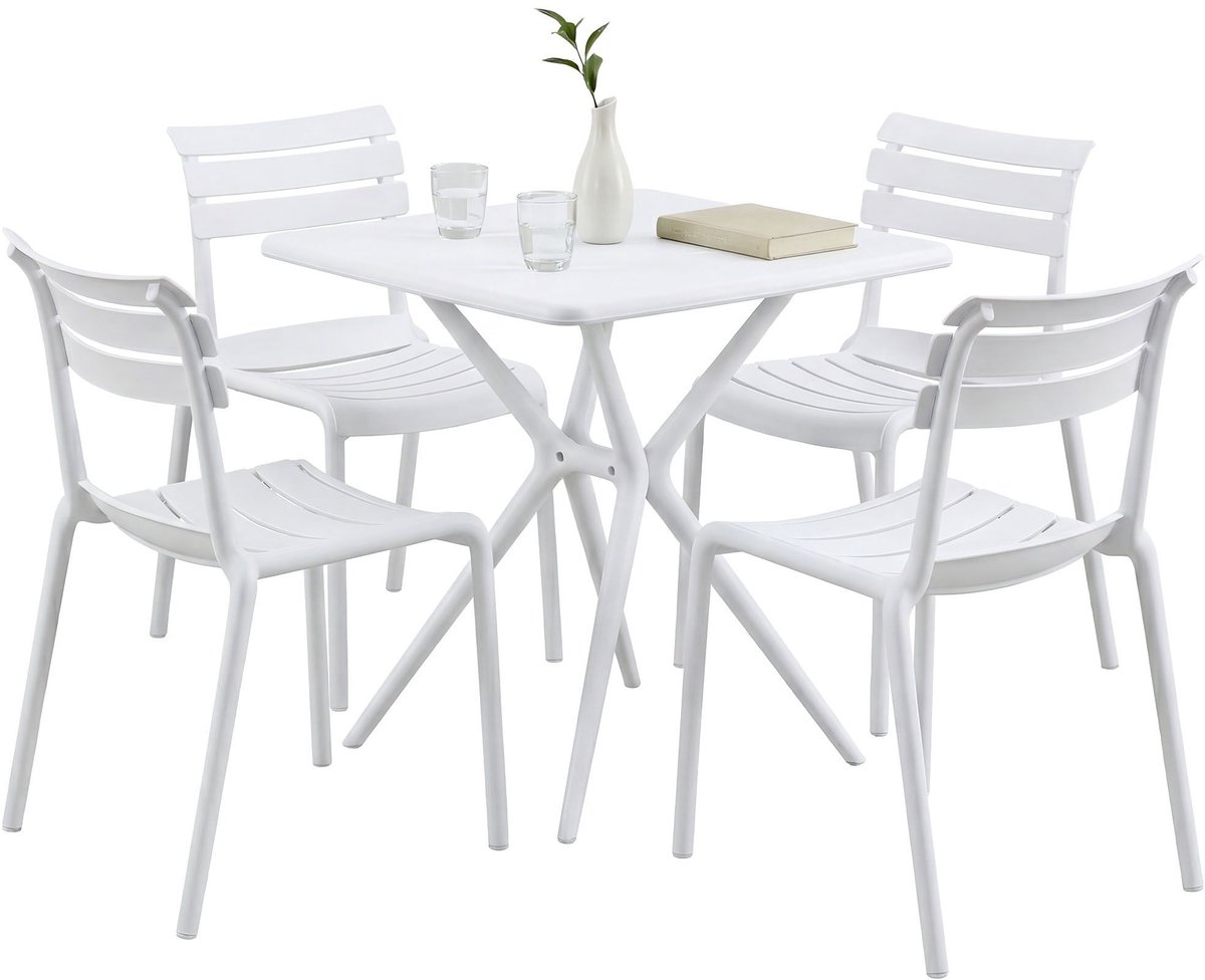 CLP Vela tuinmeubelset - 4 stapelstoelen - vierkante eettafel 72x72cm - weerbestendige bal